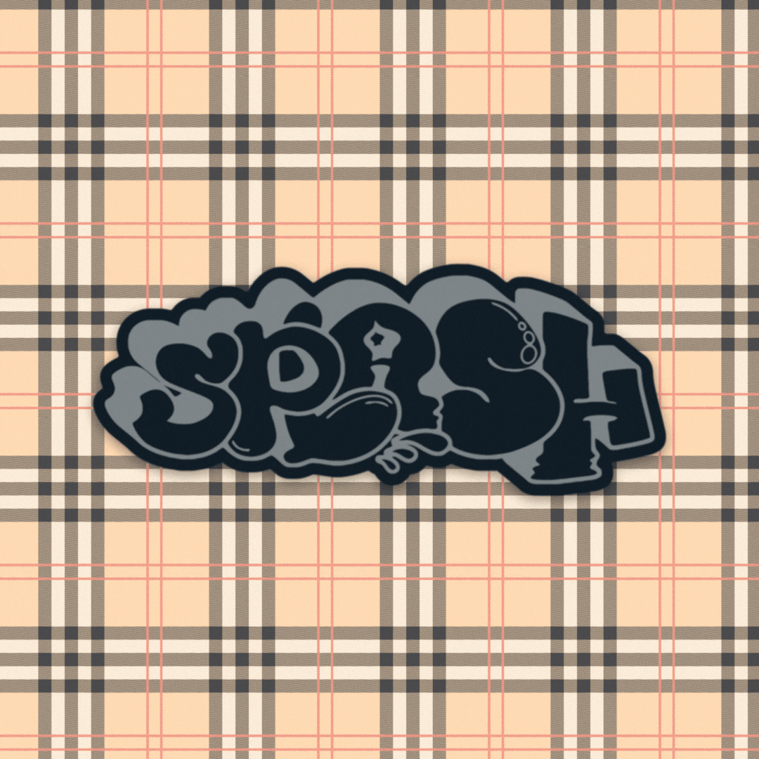 3” x 3” Graffiti Throwie Black & Gray OG Splash Logo on Beige Plaid British Designer Magnet